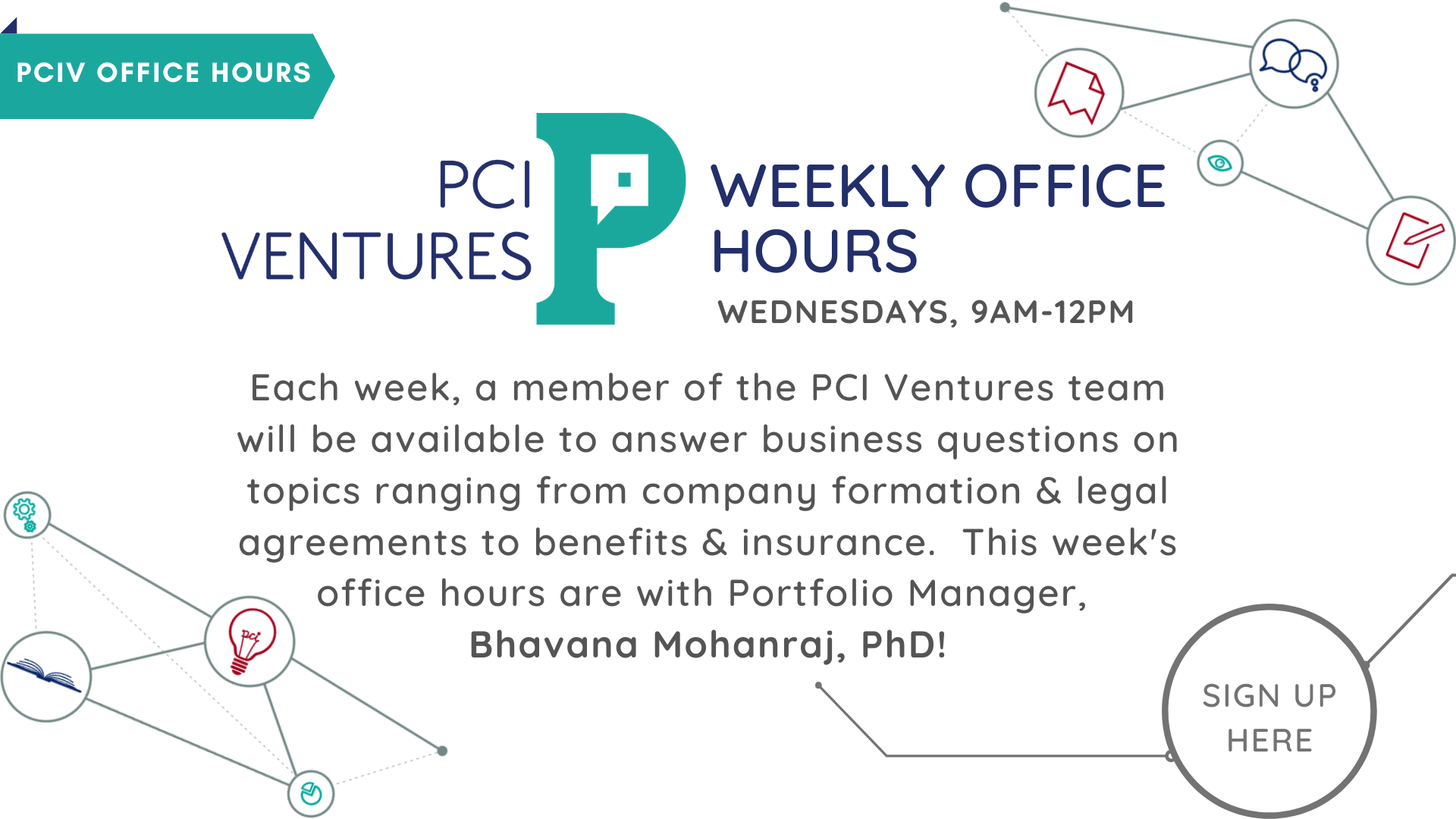 PCIV Office Hours - Bhavana PCIV logo and words describing the office hours session