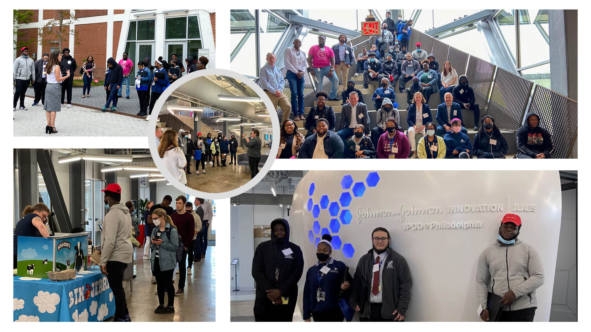 Photos of students and mentors at the Pennovation Center for the Bridge to Employment Tour
