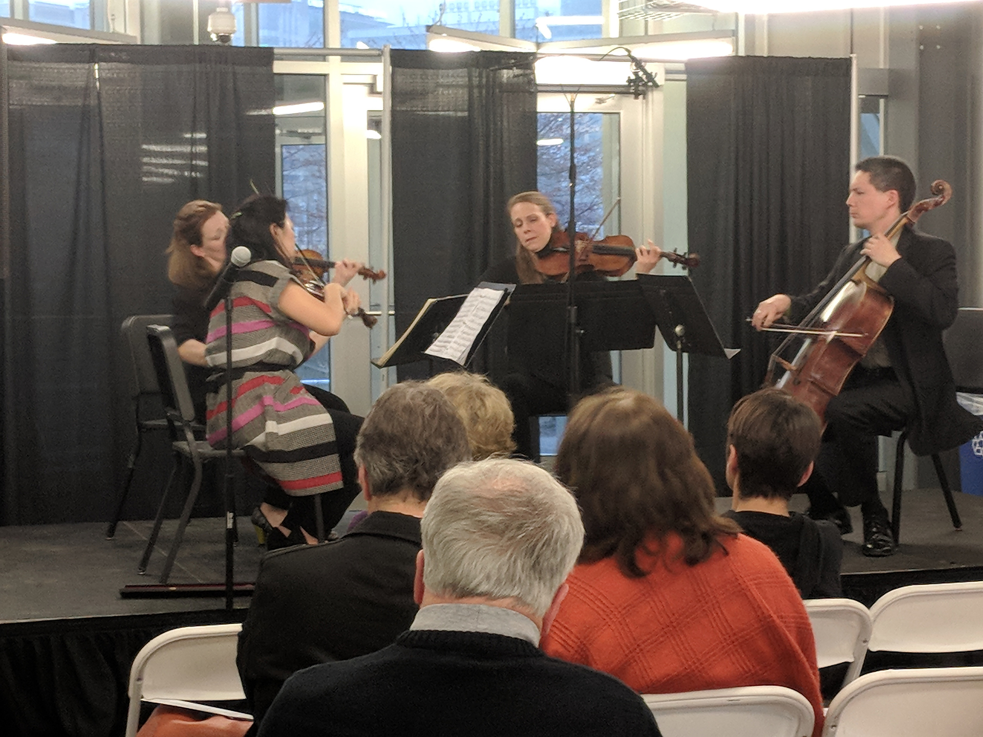 Daedalus Quartet @ Pennovation Quartet on stage playing at pennovation center
