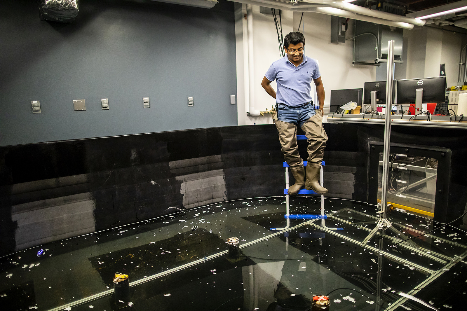 The Scalable Autonomous Robots (ScalAR) Lab Penn Engineer testing an ocean simulating indoor pool