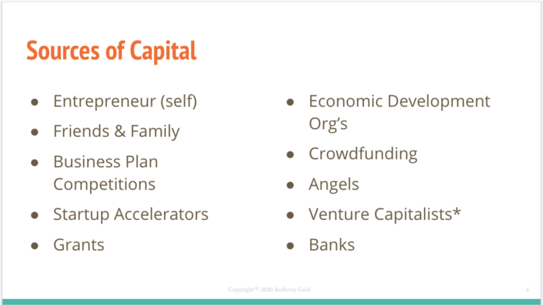 a screenshot of one of the slides from his presentation, titled "Sources of Capital"