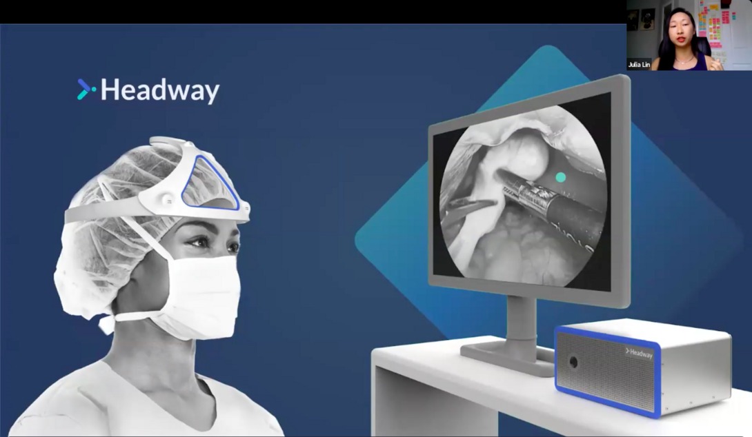 screenshot of Headway's pitch with a small photo of Julia Lin in the corner and a rendering of their product in the OR