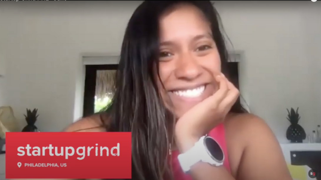 screenshot of Adriana on the video call with the startup grind logo