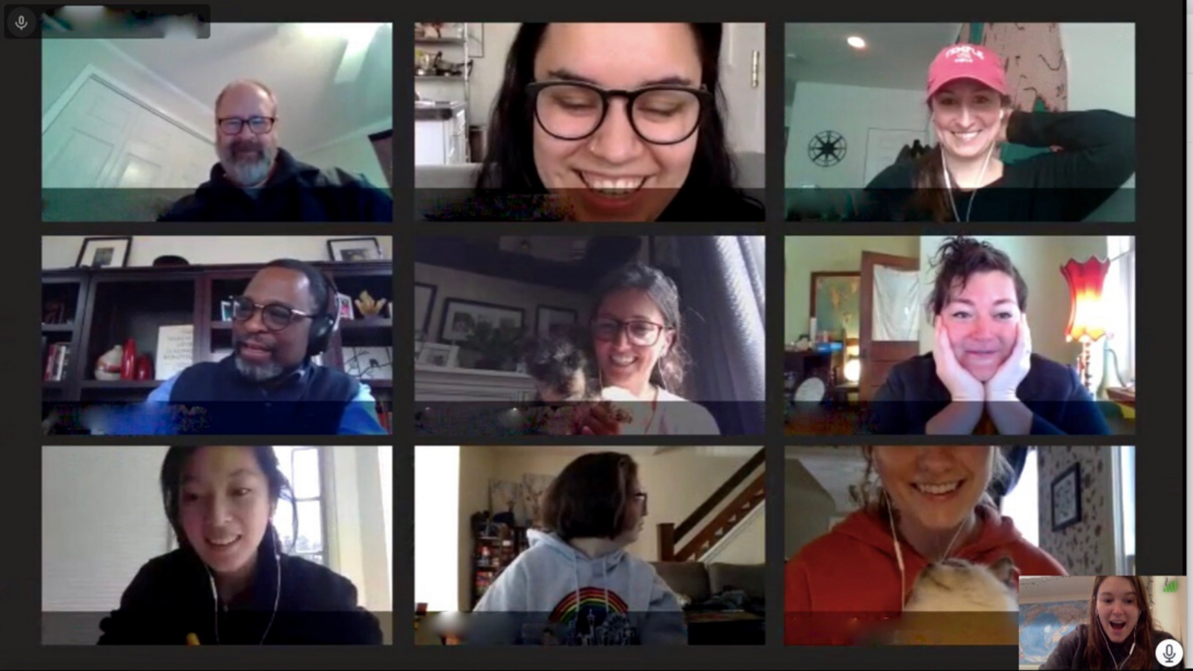 screenshot of a video conference with small photos of people's faces